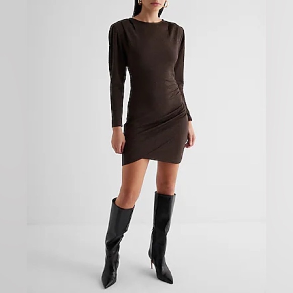 Express Textured Padded Shoulder Ruched Mini Sheath Dress Espresso Size M
